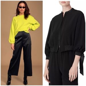 Black& Blue Jane+One Black Silk/Satin Set Ribbon Sleeve Jacket Blue Crop Pants